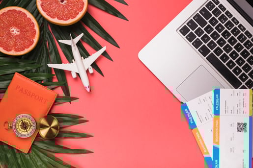 composition-small-plane-passport-compass-laptop-tickets-grapefruit-plants-leaves
